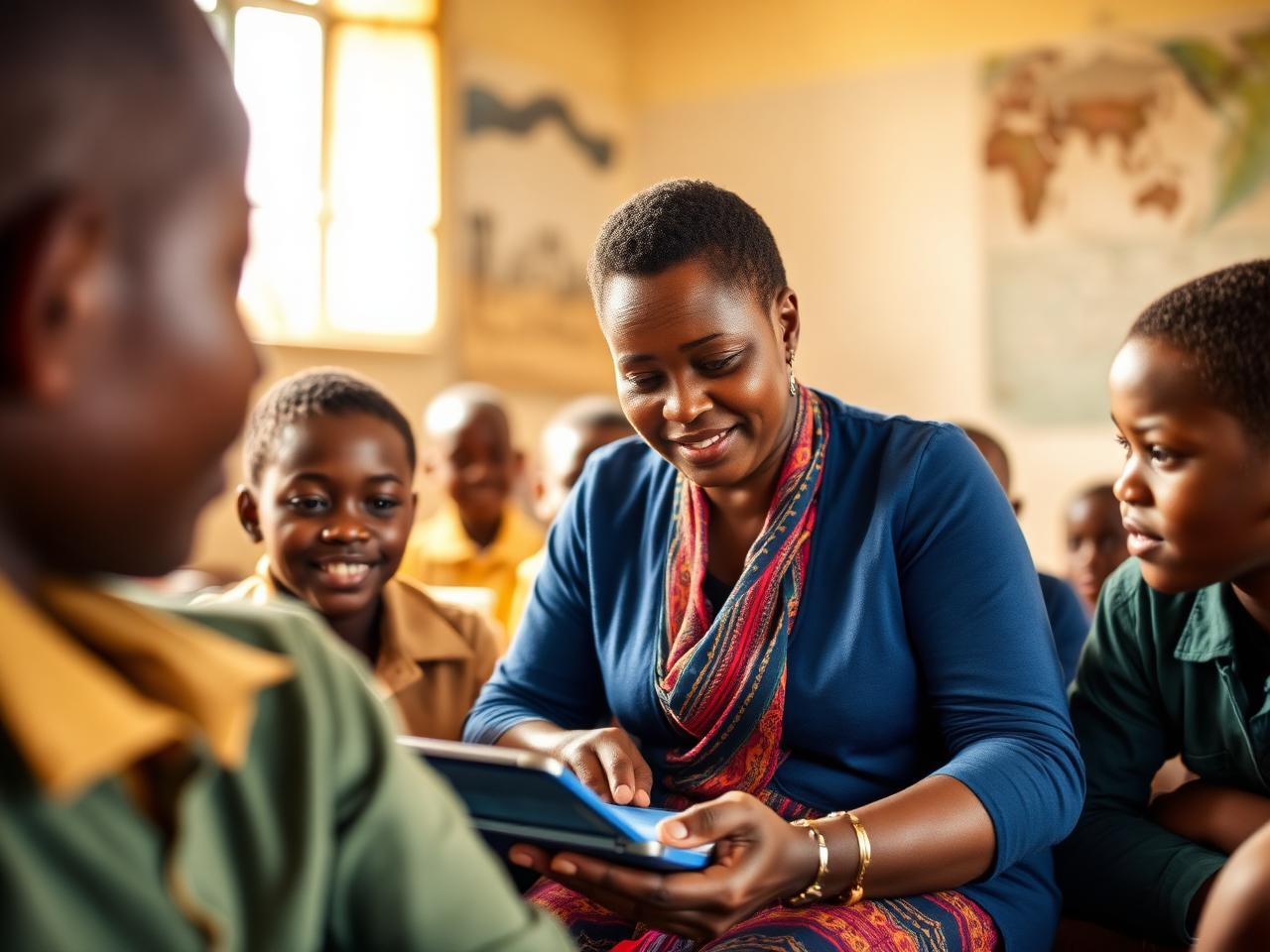 Teacher showing a tablet to children