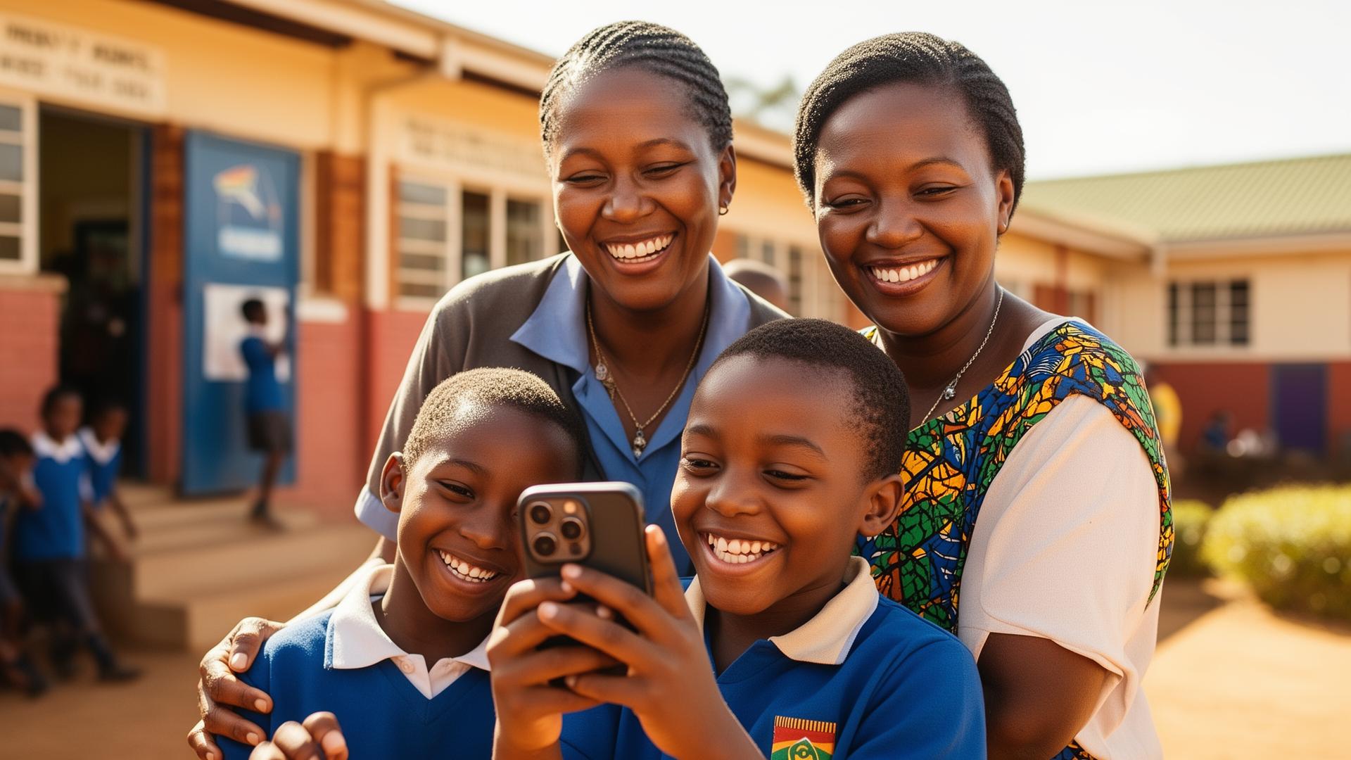 Parents and child using a phone